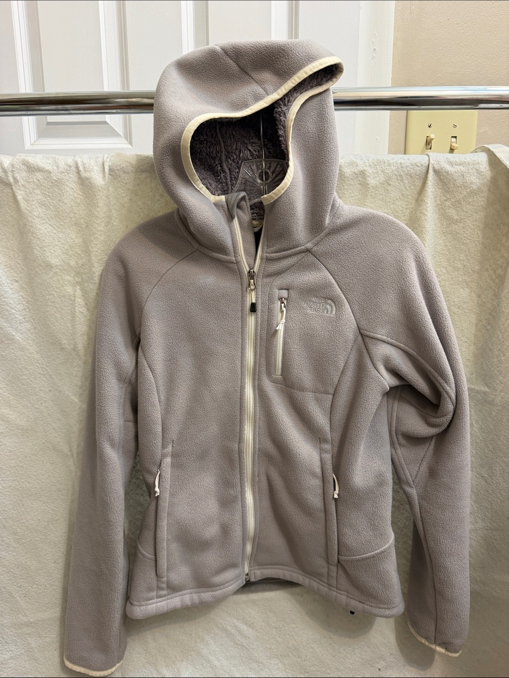 The North Face Gray Hooded Fleece Jacket with Cream Trim